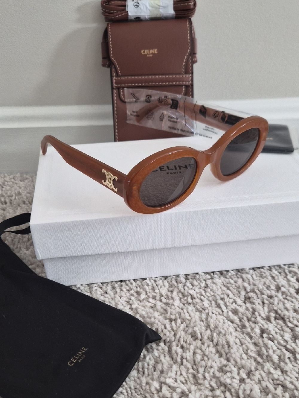 CELINE Tan Oval Sunglasses with Gold Logo Accent